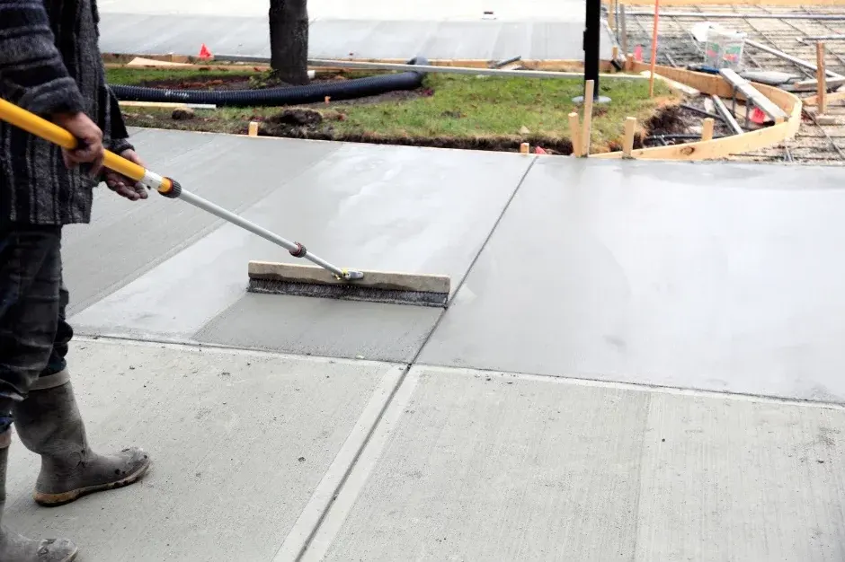 finisher working a fresh concrete slab with a long handled float in Royal Palm Beach