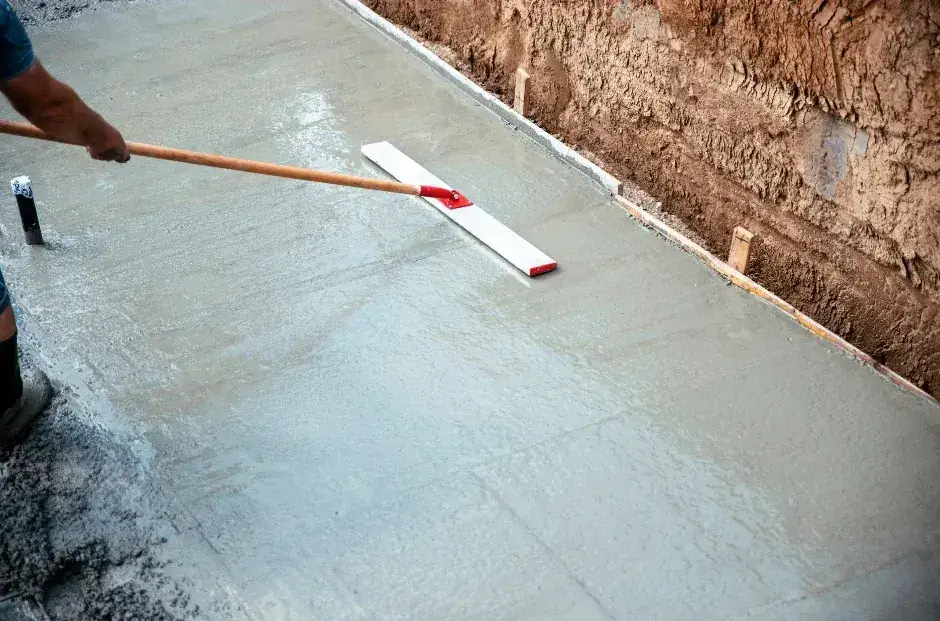 worker floating a new concrete slab inside wood forms in Wellington